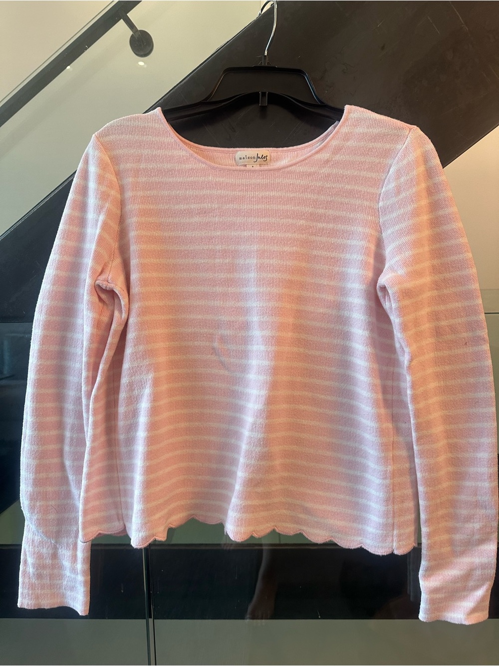 Maison Jules Pink and White Striped Scallop Edge Scoop Neck Sweater